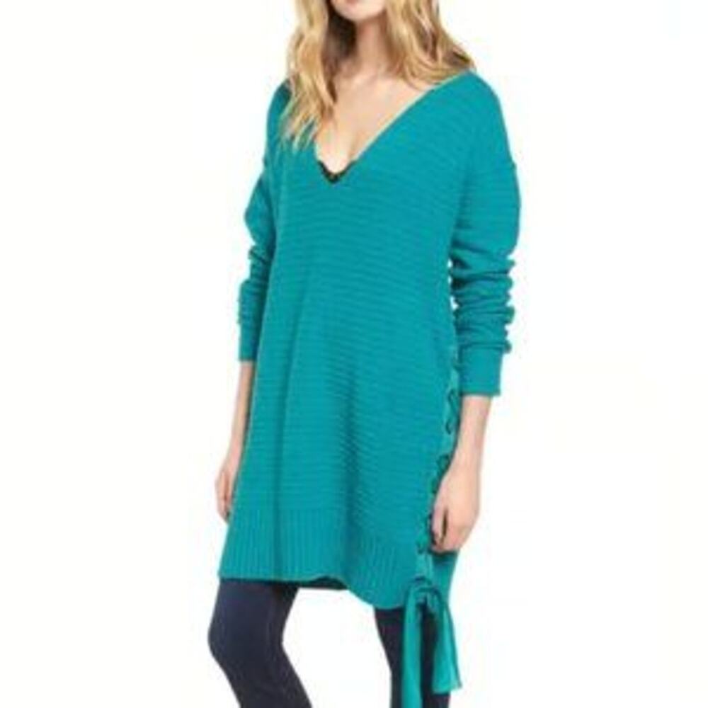 Free People Women's Green Lace Up Oversized Pullover Sweater Size Small